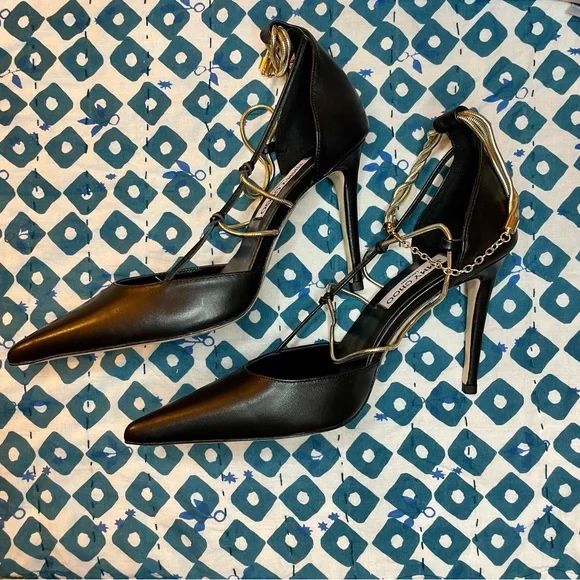 NIB Jimmy Choo Olesia 95 Leather Pump Black Gold Chain - Picture 8 of 10